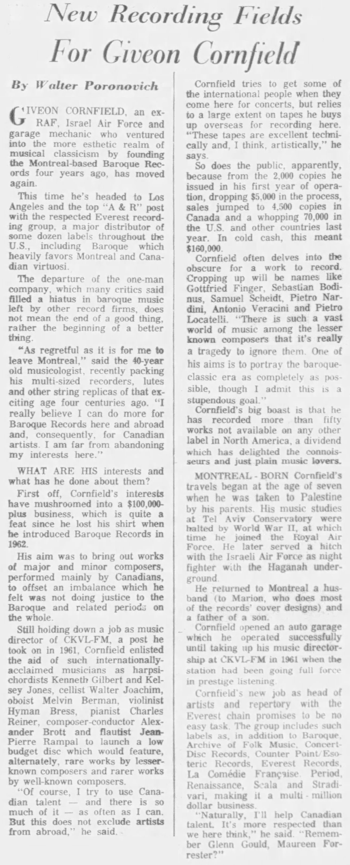 Giveon Cornfield, le fondateur de Baroque Records, cité du quotidien The Montreal Star du 25 septembre 1967, page 85